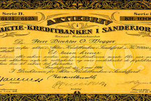 Bilde av Aktiebrev i Aktie-Kreditbanken i Sandefjord datert 7. mai 1926